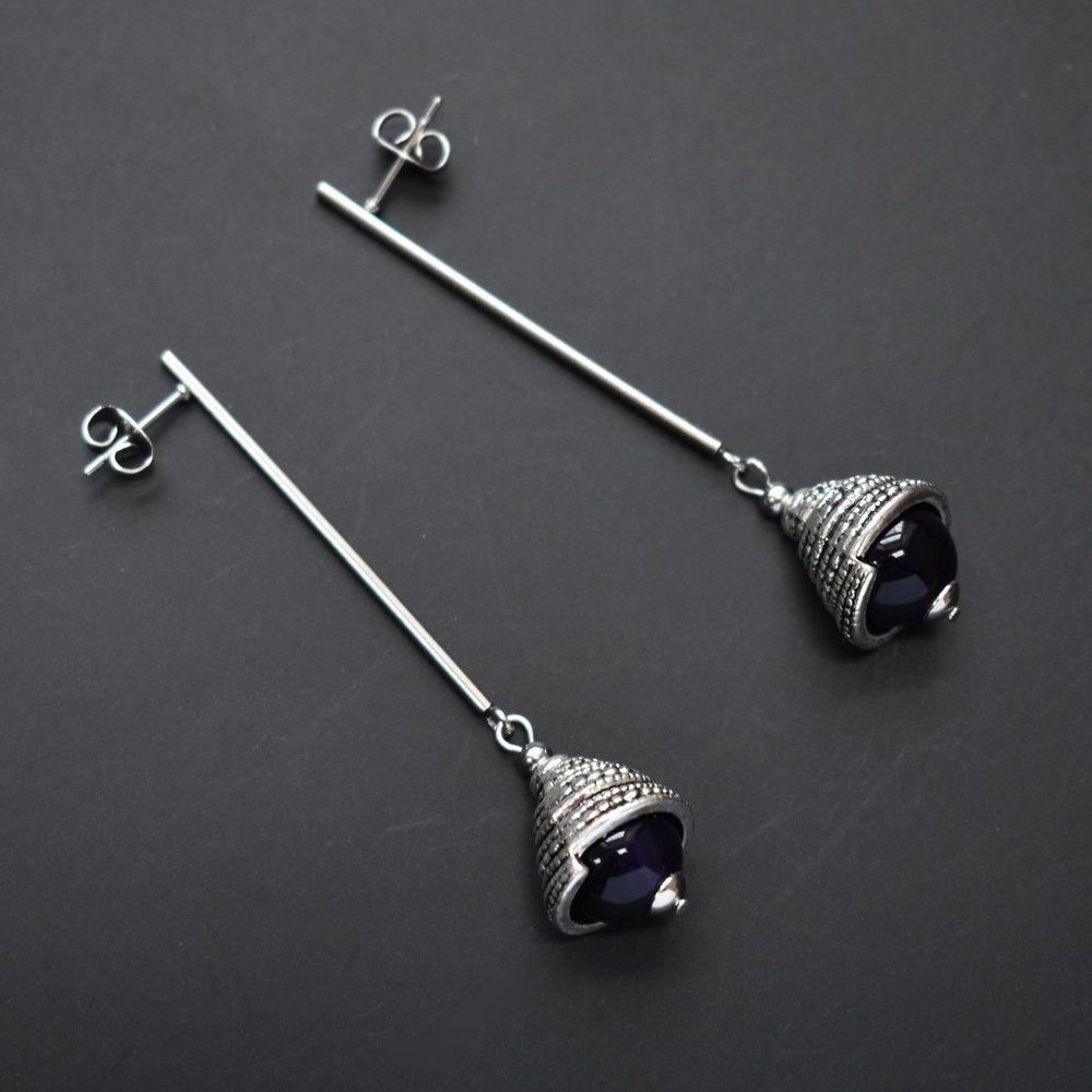 Long elegant earrings dangle, silver bar drop bead earrings
